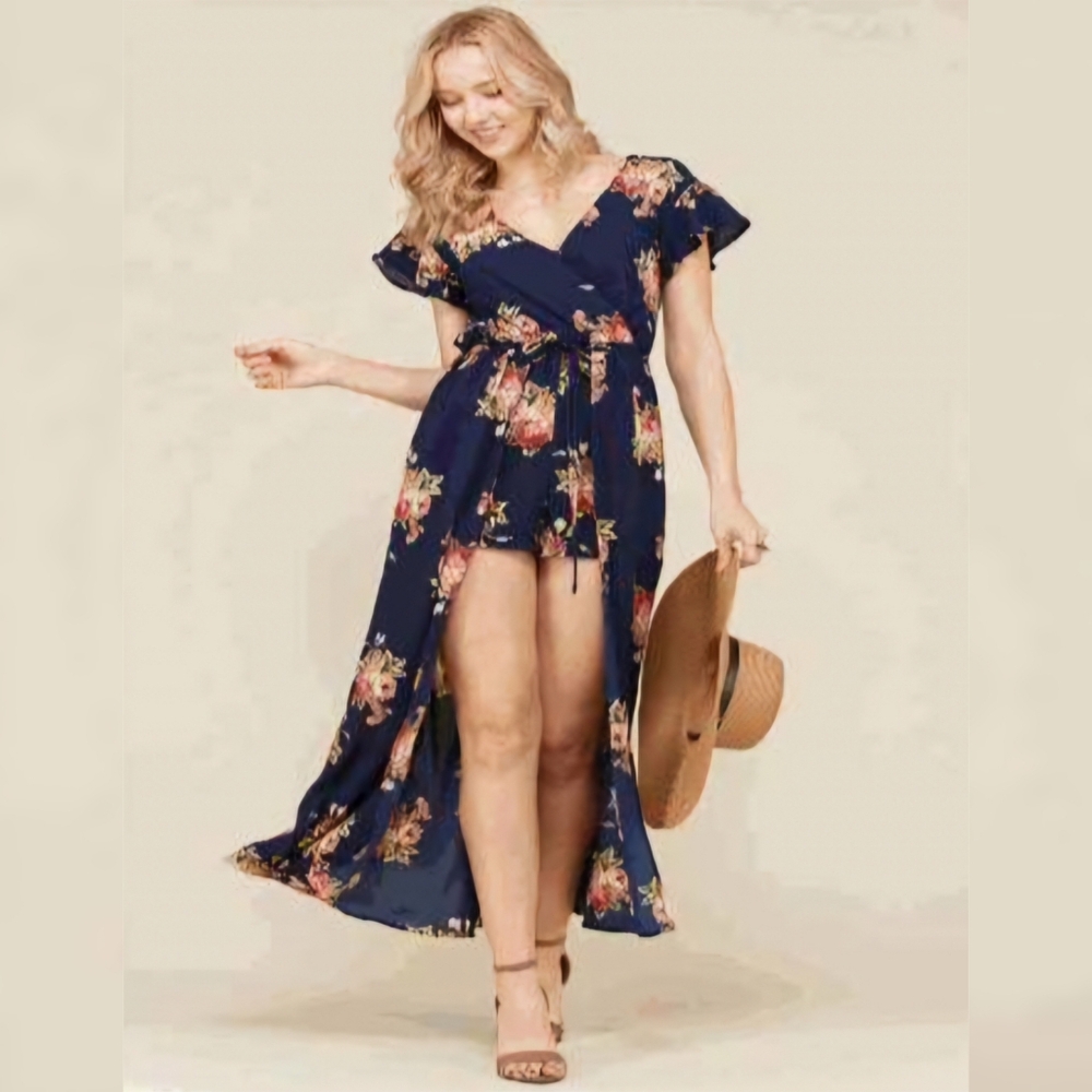 Romper Floral Print with Skirt one piece Navy